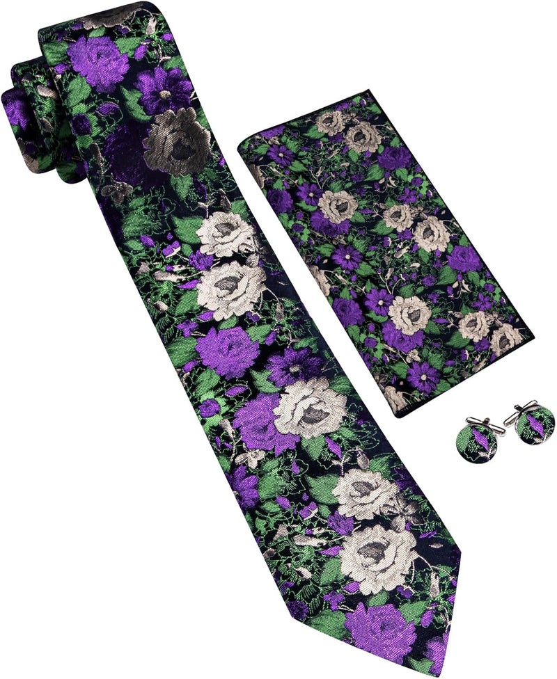 Barry.Wang Store Flower Ties for Men Handkerchief Cufflinks Set Wedding Necktie Set Party - Image 4